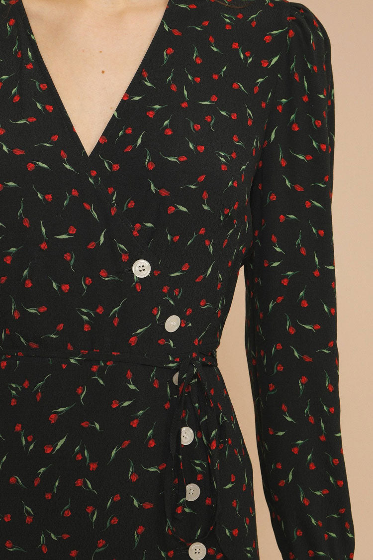 Ditsy Floral Deep V Puff Sleeve French Wrap Mini Dress - Black  Fashionpara