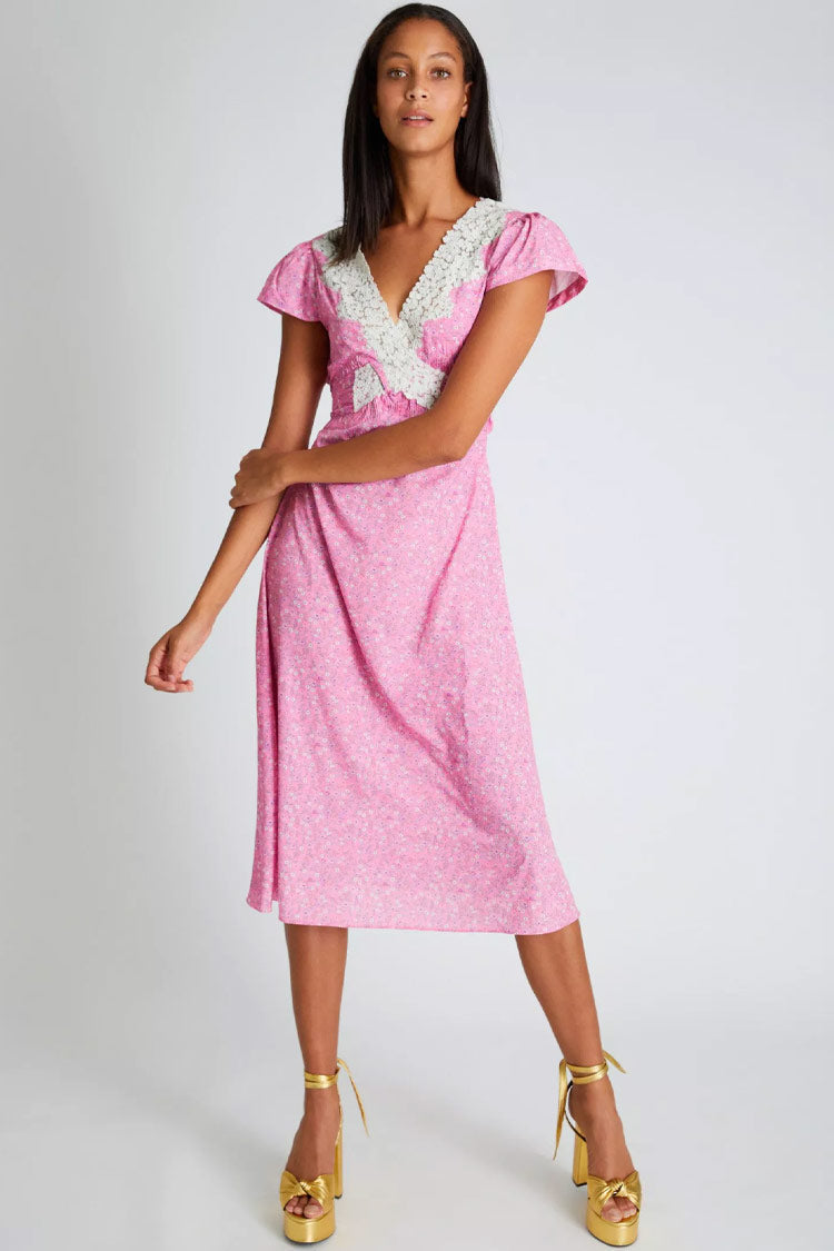 Lace V-Neck Lace Trim Maxi Dress