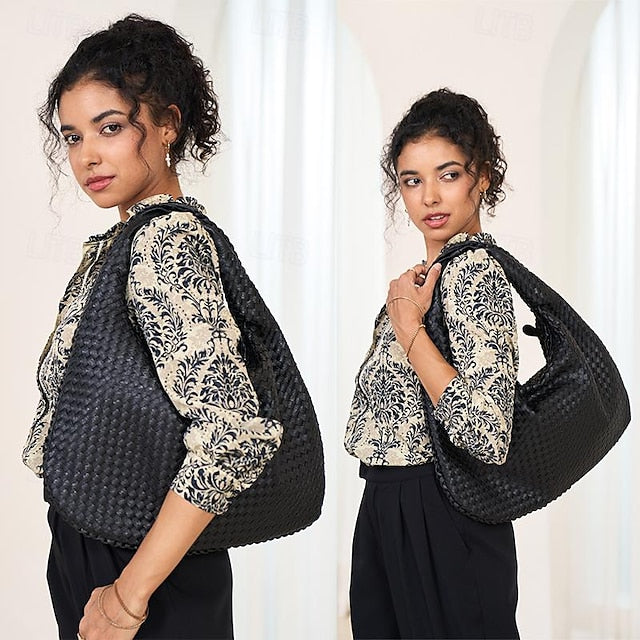 Chic Burgundy Hobo Woven Leather Bag Faux