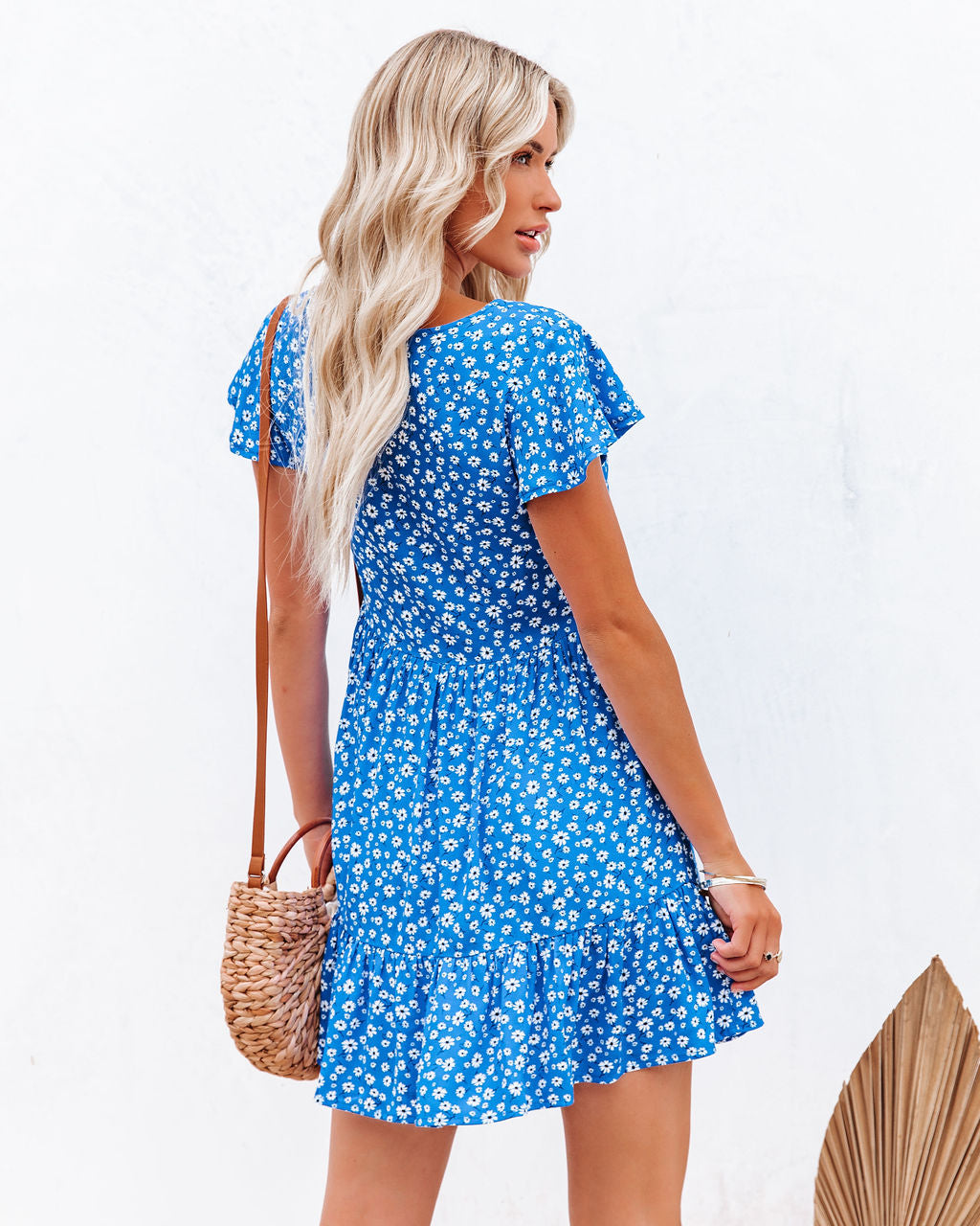 Floral Print V-Neck Flutter Sleeve Button Front Tiered Mini Dress