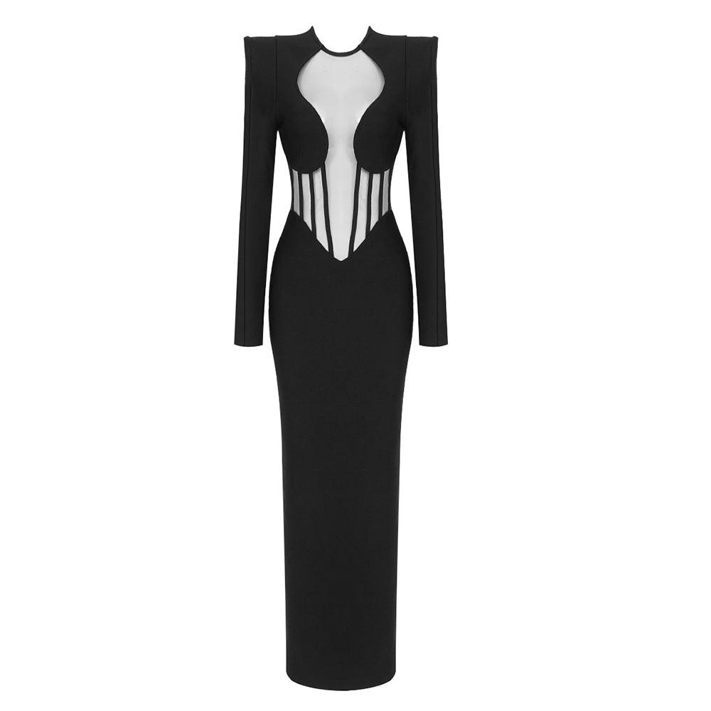 KittenAlarm - Dixie Long Sleeve Mesh Front Maxi Dress