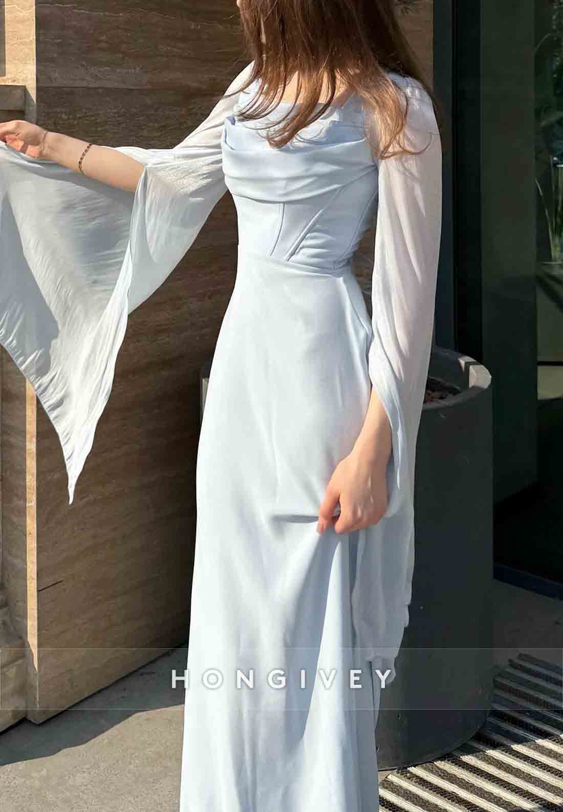 Square Guest of Wedding Cowl Neck Sheath Pleated Floor-Length Evening Gowns