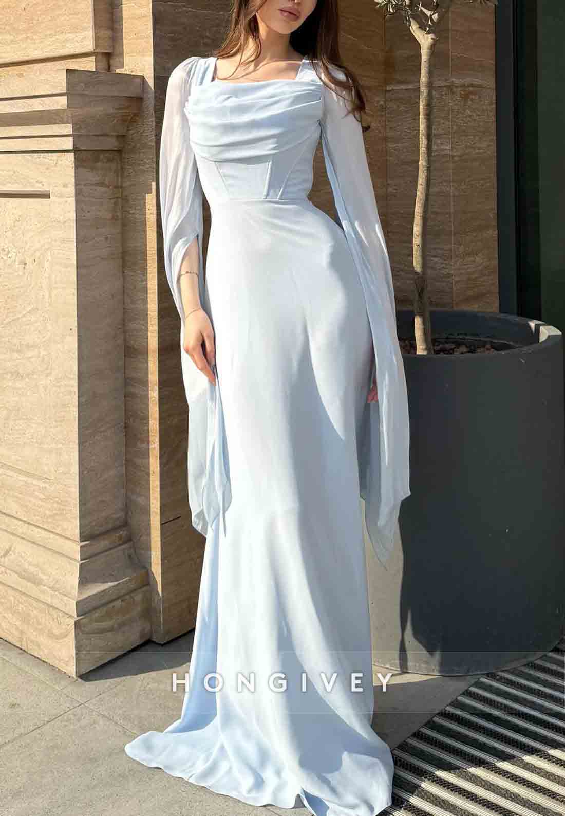 Square Guest of Wedding Cowl Neck Sheath Pleated Floor-Length Evening Gowns