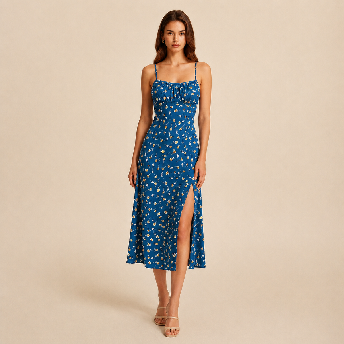 Ditsy Floral Strappy High Split Satin Midi Dress 16
