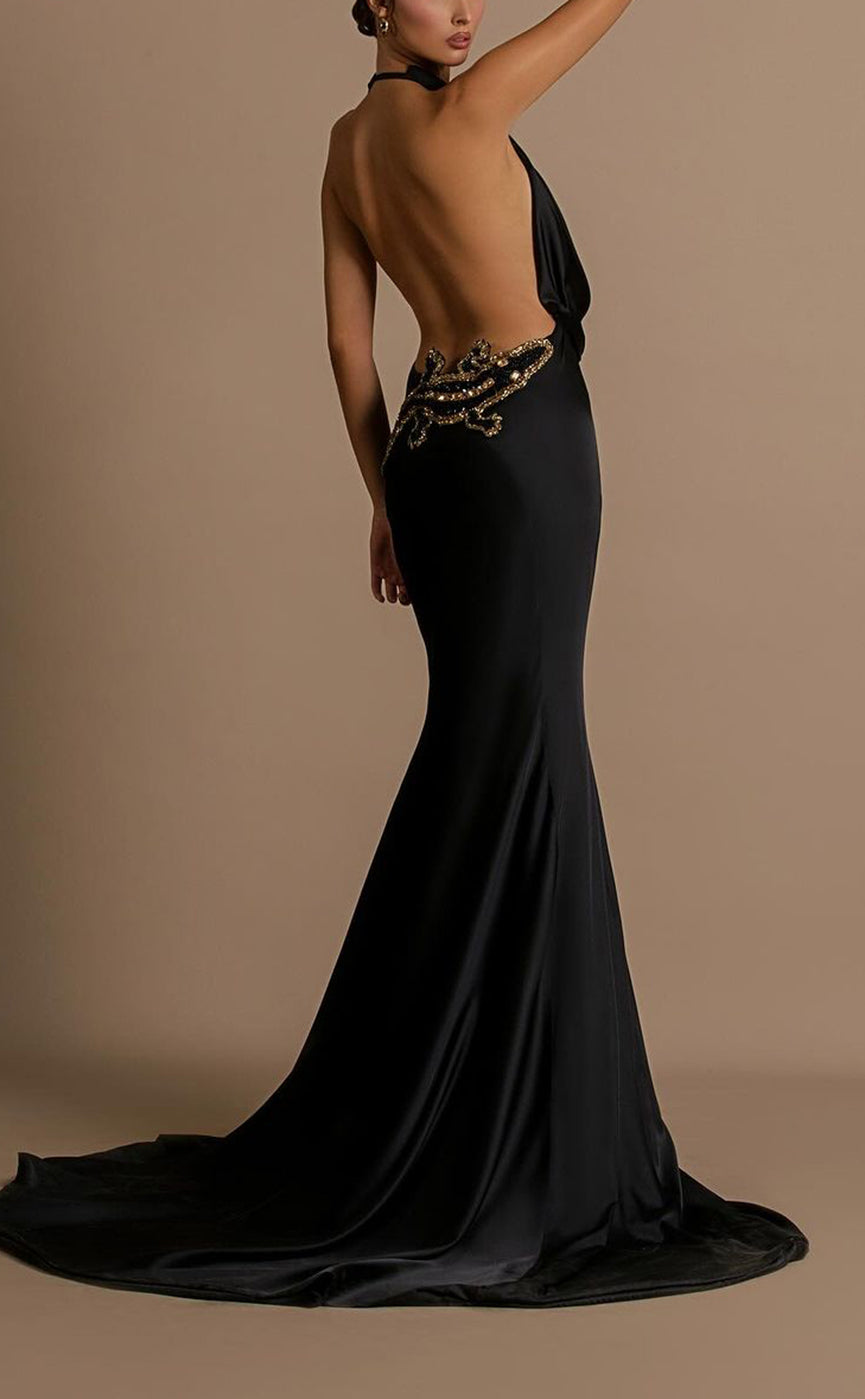 L2063 - Sexy Satin Trumpt Halter Empire Open Back Beaded Appliques With Train Party Prom Evening Dress - Fashionpara