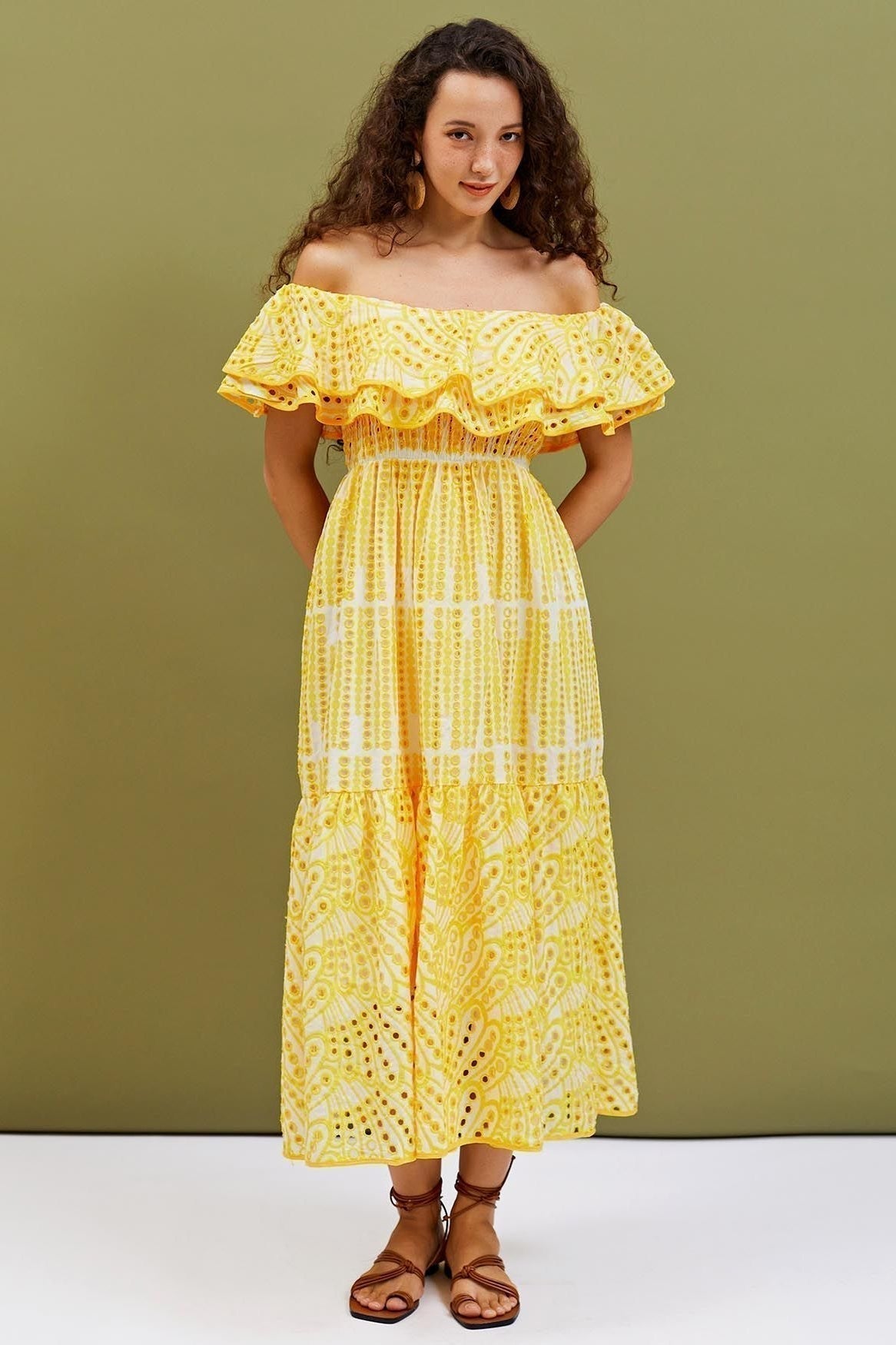 Dolly Embroidered Lace Off - shoulder A - line Flare Midi Dress