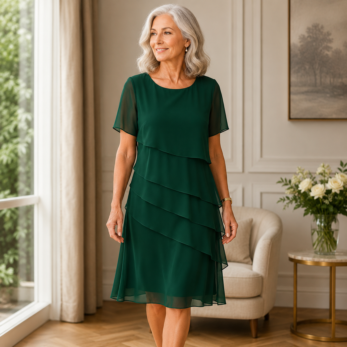 Round Neck Short Sleeve Tiered Chiffon Midi Dress 5