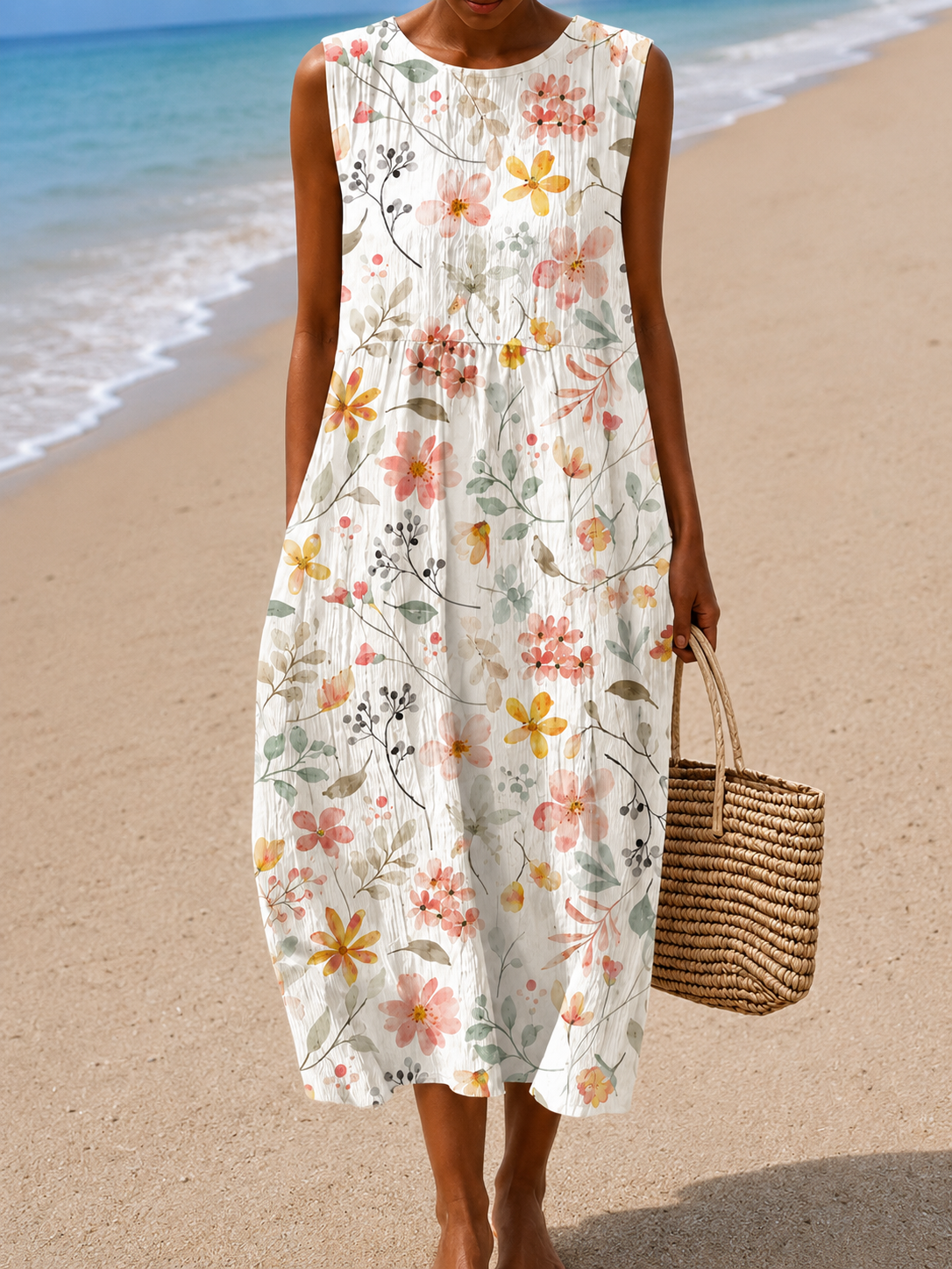 Watercolor Floral Print Crew Neck Sleeveless Midi Dress