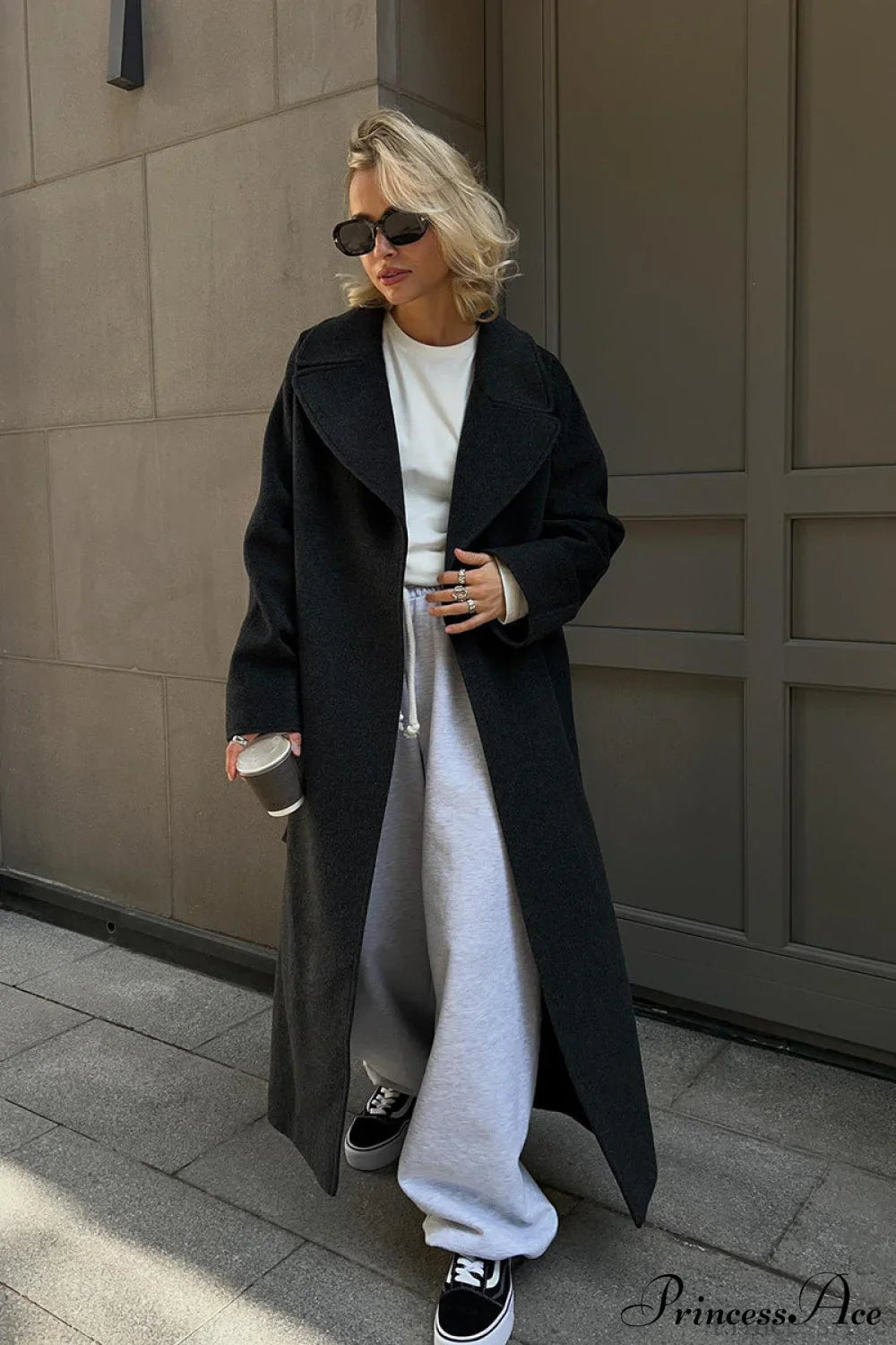 Double Faced Wool Raglan Sleeve Loose Overcoat Dark Gray / S