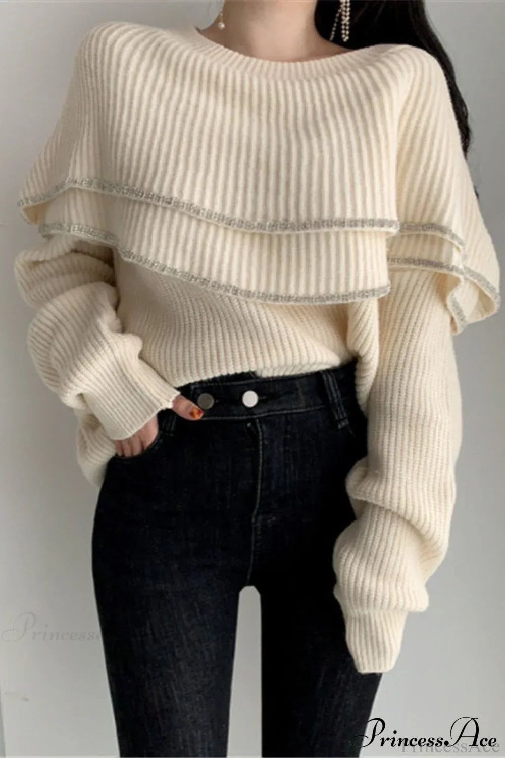 Double Ruffled Off-Shoulder French Vintage Knit Top