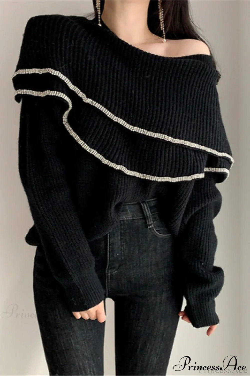 Double Ruffled Off-Shoulder French Vintage Knit Top