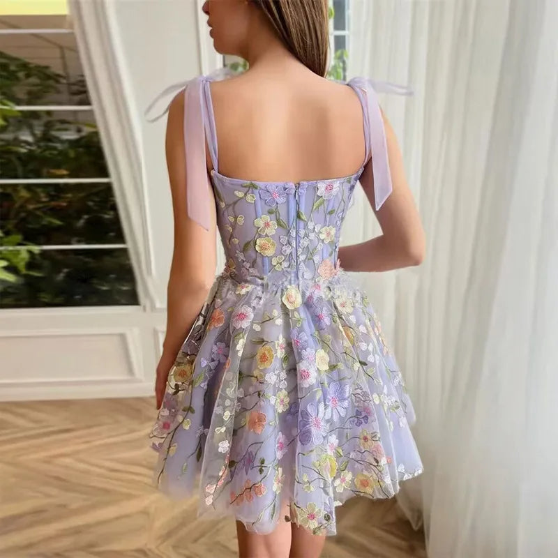 Floral Applique Tulle Puff Sleeve Corset A-Line Mini Dress - View 4