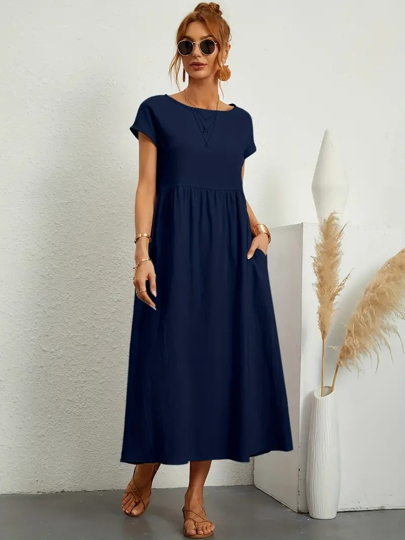 Crew Neck Cap Sleeve Empire Waist Pocket A-Line Midi Smock Dress - View 20