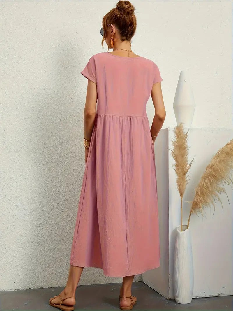 Crew Neck Cap Sleeve Empire Waist Pocket A-Line Midi Smock Dress - View 22