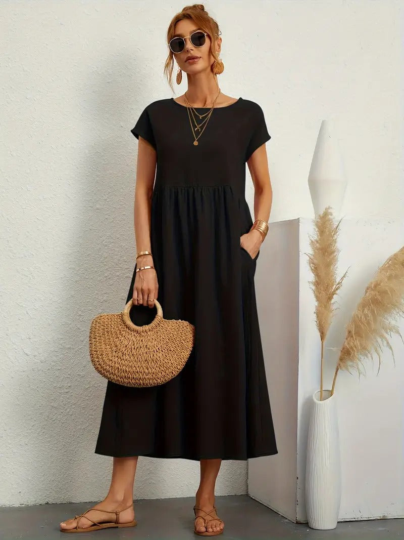Crew Neck Cap Sleeve Empire Waist Pocket A-Line Midi Smock Dress - View 5