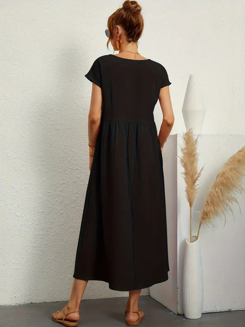 Crew Neck Cap Sleeve Empire Waist Pocket A-Line Midi Smock Dress - View 25