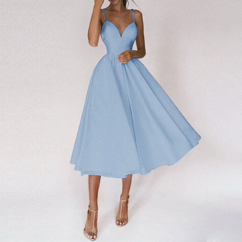 Double Strap Deep V-Neck Cinched Waist Midi Cocktail Dress - View 11