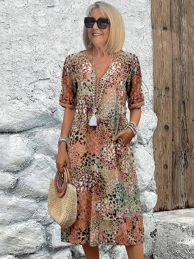 Animal Print V-Neck Half Sleeve Tiered Midi Dress