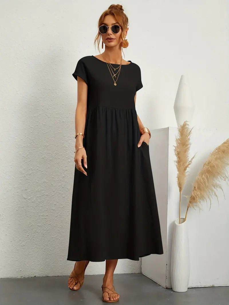Crew Neck Cap Sleeve Empire Waist Pocket A-Line Midi Smock Dress - View 24