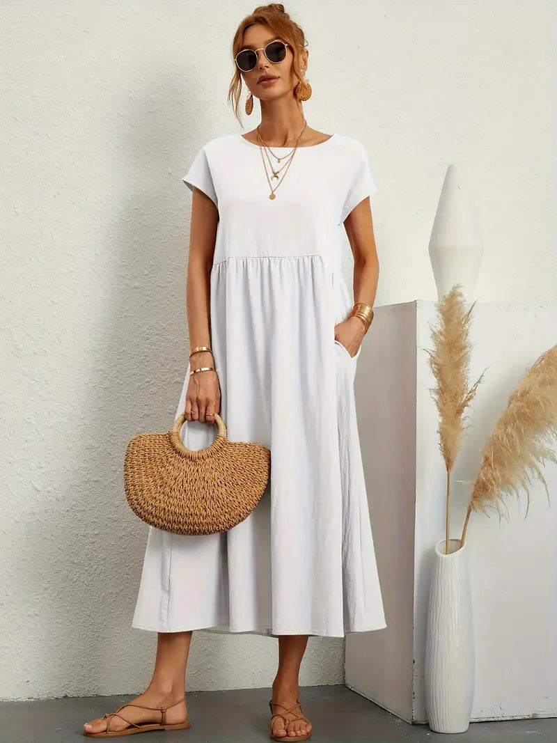 Crew Neck Cap Sleeve Empire Waist Pocket A-Line Midi Smock Dress - View 6