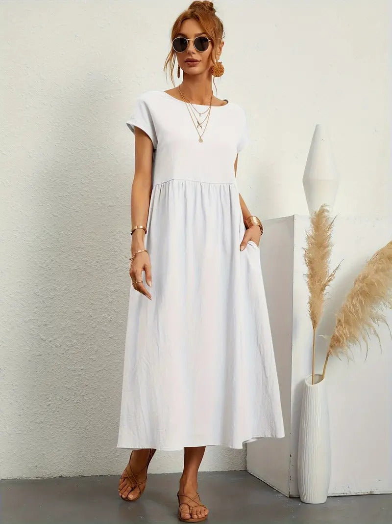 Crew Neck Cap Sleeve Empire Waist Pocket A-Line Midi Smock Dress 27