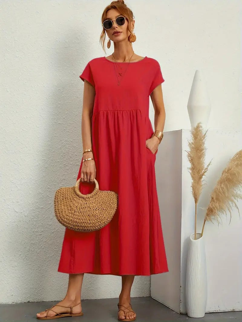 Cap Sleeve Round Neck Smocked Empire Waist Pocket Midi Dress - View 7