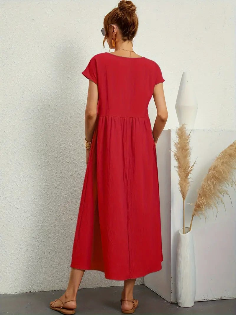 Crew Neck Cap Sleeve Empire Waist Pocket A-Line Midi Smock Dress 29