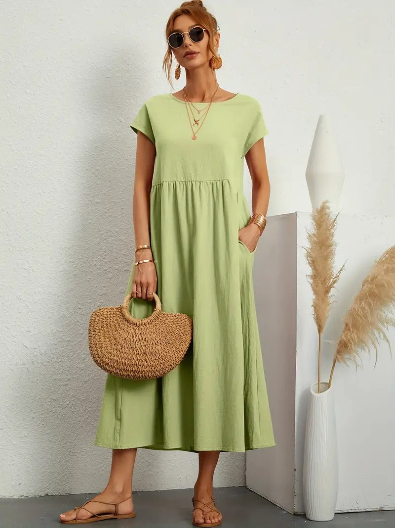 Cap Sleeve Round Neck Smocked Empire Waist Pocket Midi Dress - View 8