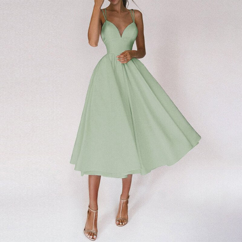 Double Strap Deep V-Neck Cinched Waist Midi Cocktail Dress - View 13