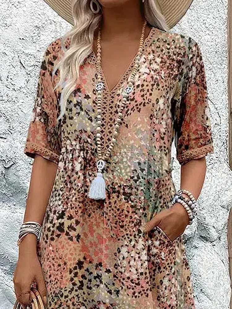 Animal Print V-Neck Short Sleeve Beach Midi Dress 7