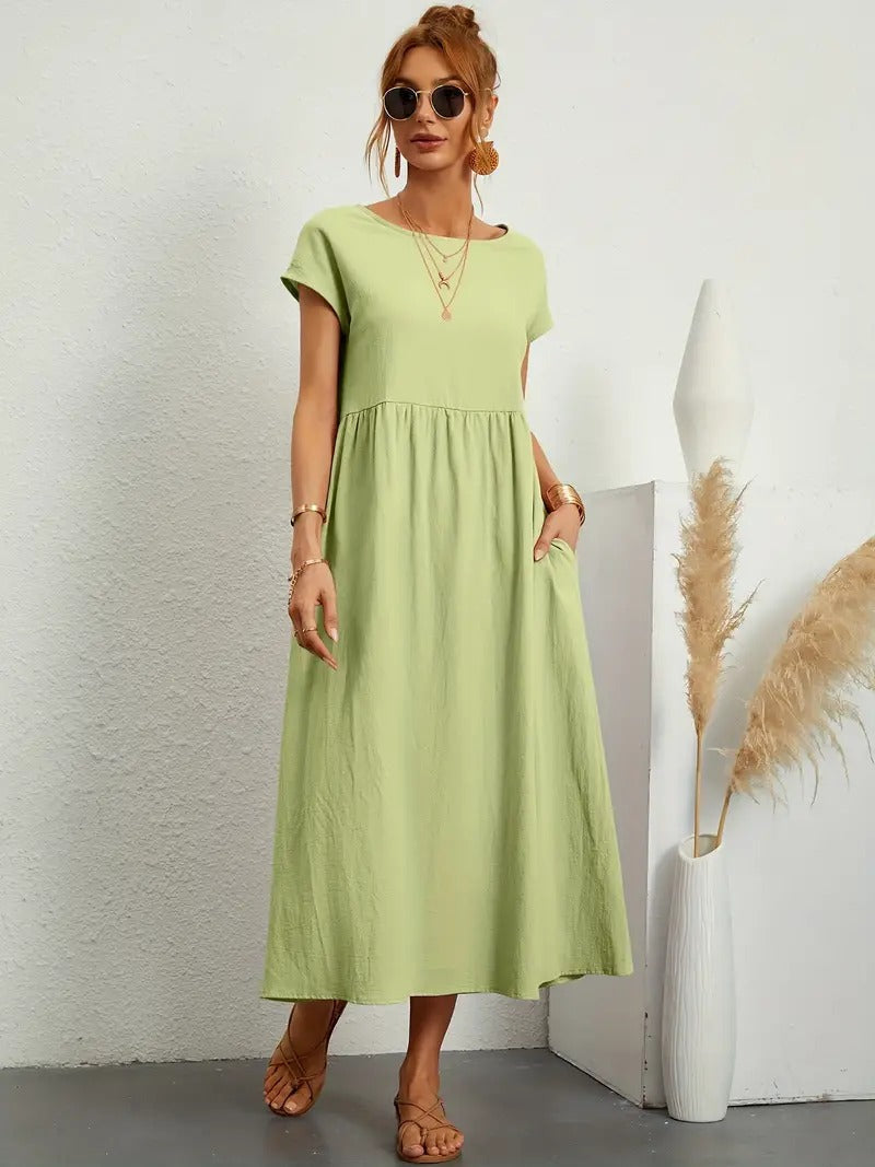 Crew Neck Cap Sleeve Empire Waist Pocket A-Line Midi Smock Dress 31