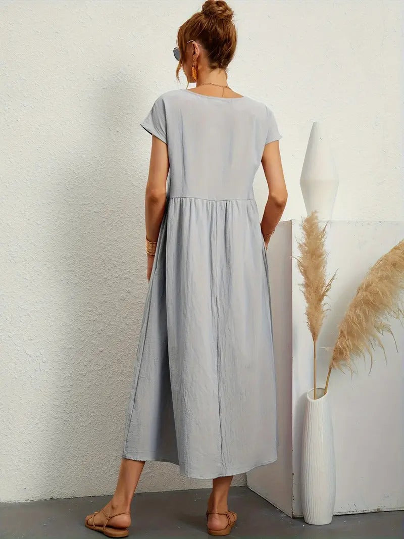 Cap Sleeve Round Neck Smocked Empire Waist Pocket Midi Dress 35