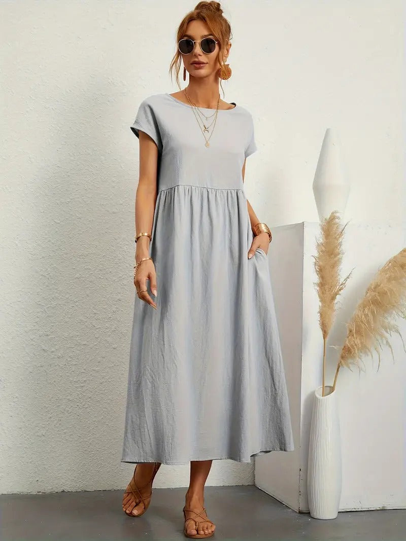 Cap Sleeve Round Neck Smocked Empire Waist Pocket Midi Dress 34