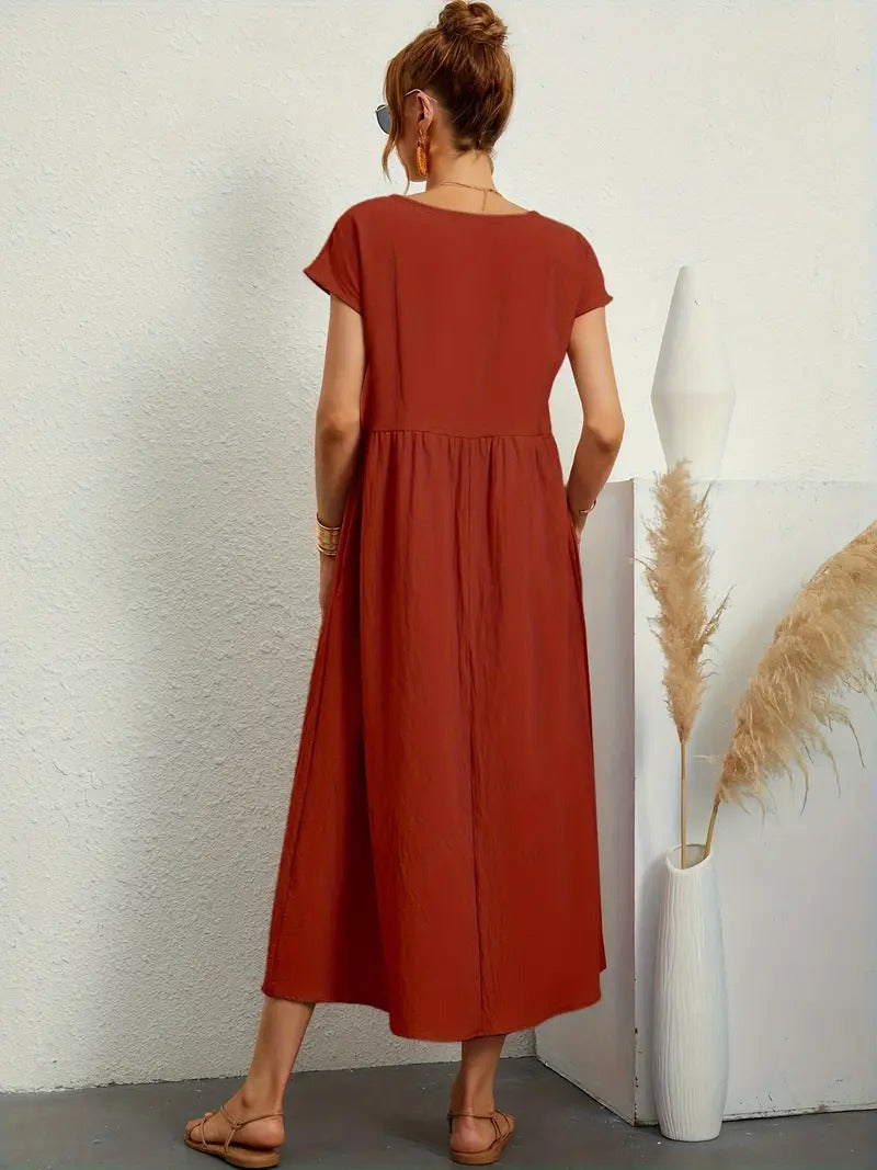 Crew Neck Cap Sleeve Empire Waist Pocket A-Line Midi Smock Dress 38