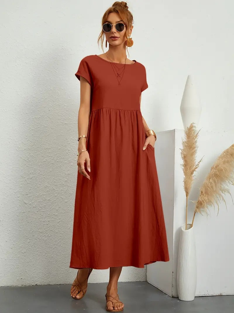 Crew Neck Cap Sleeve Empire Waist Pocket A-Line Midi Smock Dress 37