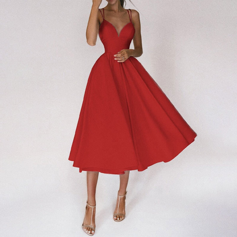 Double Strap Deep V-Neck Cinched Waist Midi Cocktail Dress - View 4