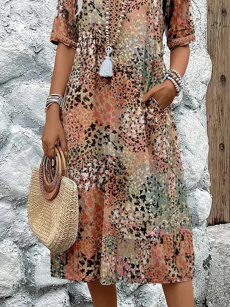 Animal Print V-Neck Short Sleeve Beach Midi Dress 8