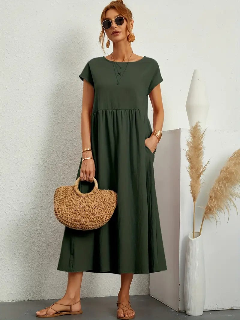 Cap Sleeve Round Neck Smocked Empire Waist Pocket Midi Dress
