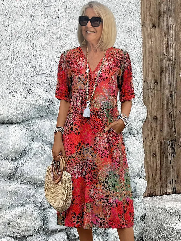 Animal Print V-Neck Short Sleeve Beach Midi Dress 2