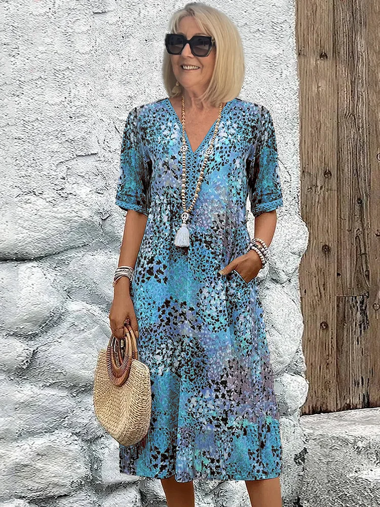 Animal Print V-Neck Short Sleeve Beach Midi Dress 3