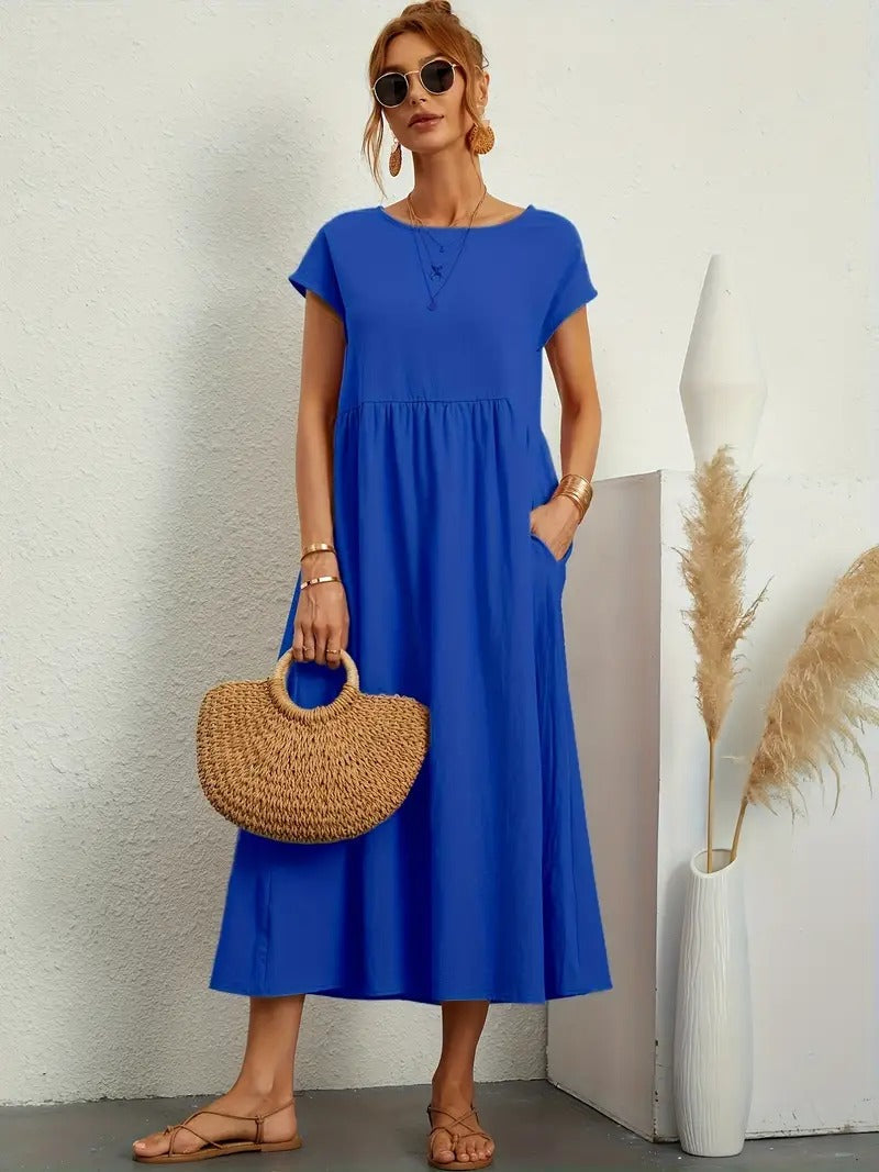 Crew Neck Cap Sleeve Empire Waist Pocket A-Line Midi Smock Dress - View 2