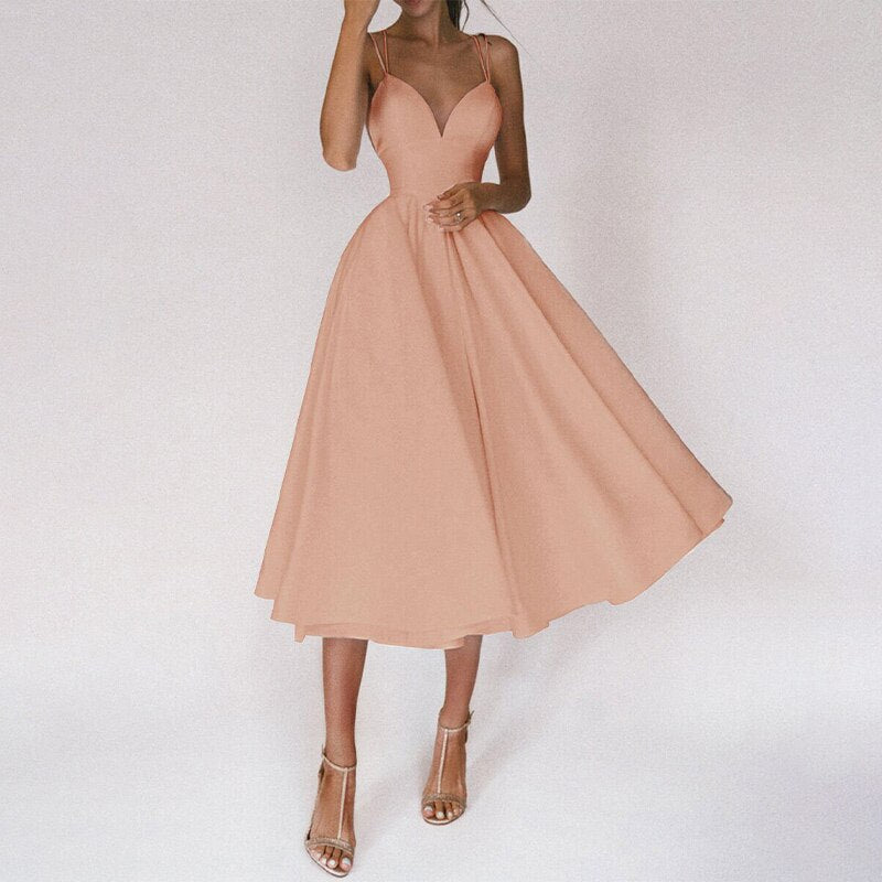 Double Strap Deep V-Neck Cinched Waist Midi Cocktail Dress - View 17