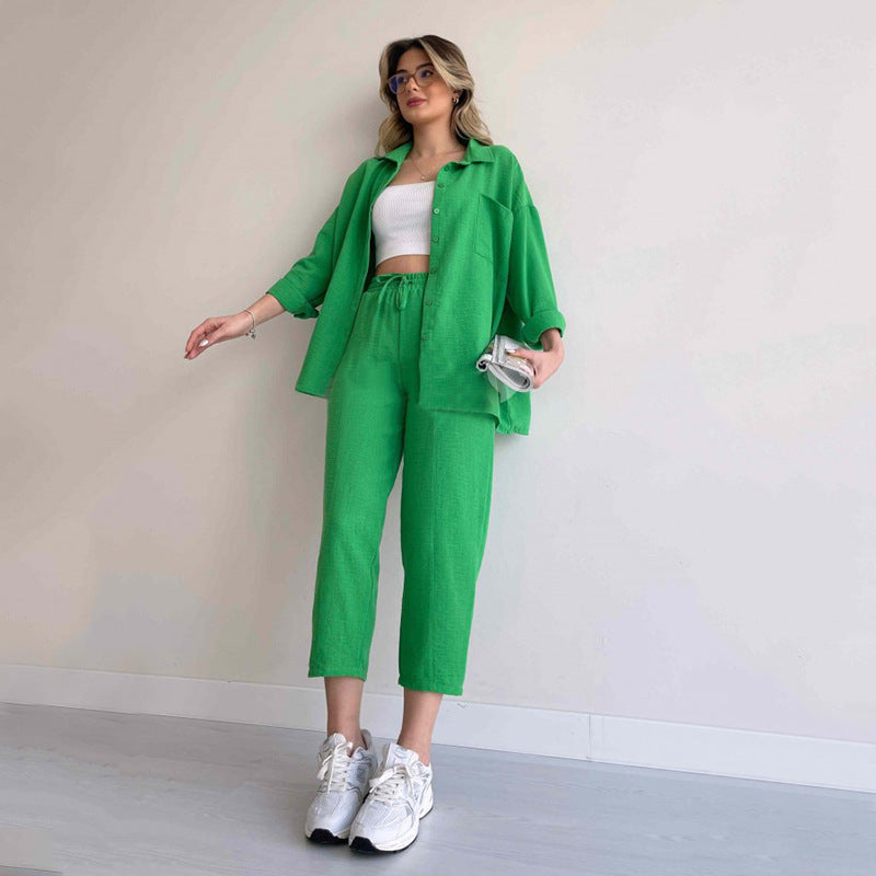 Oversized Shirt and Drawstring Tapered Pants Two Piece Set 4