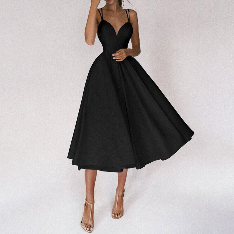 Double Strap Deep V-Neck Cinched Waist Midi Cocktail Dress - View 8