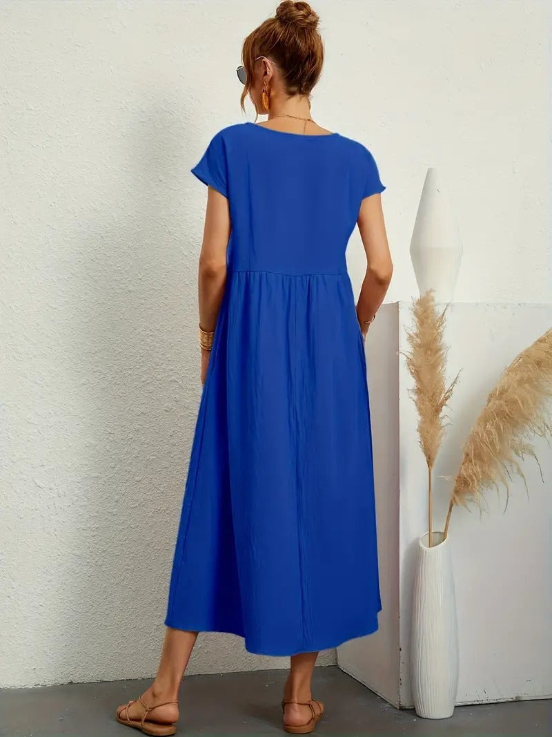 Crew Neck Cap Sleeve Empire Waist Pocket A-Line Midi Smock Dress - View 16