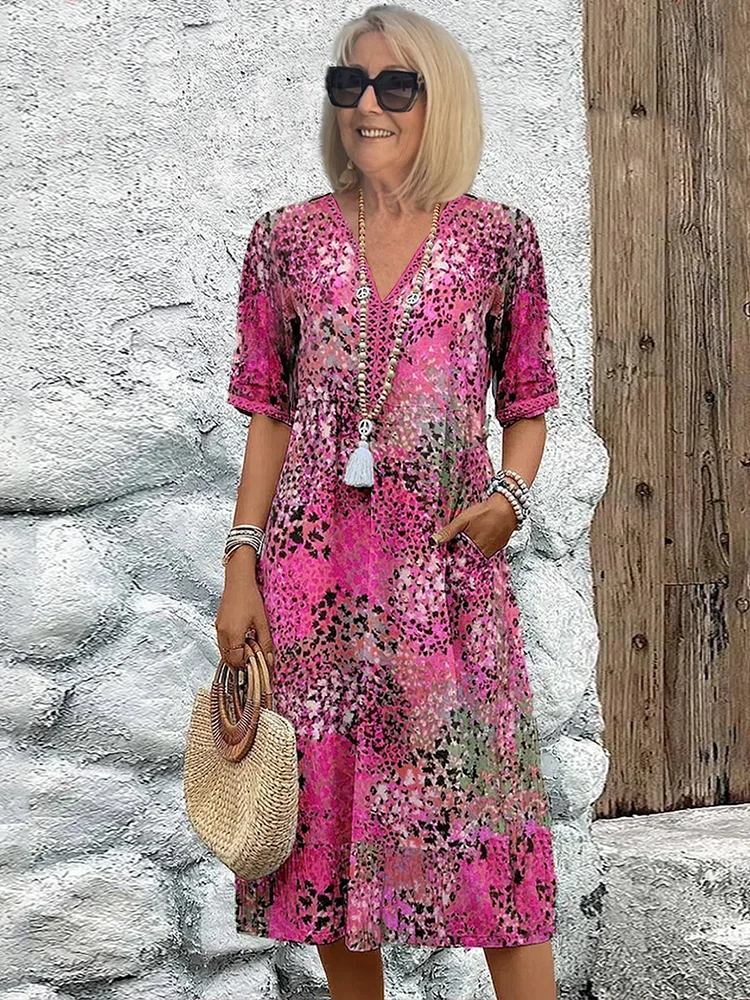Animal Print V-Neck Short Sleeve Beach Midi Dress 4