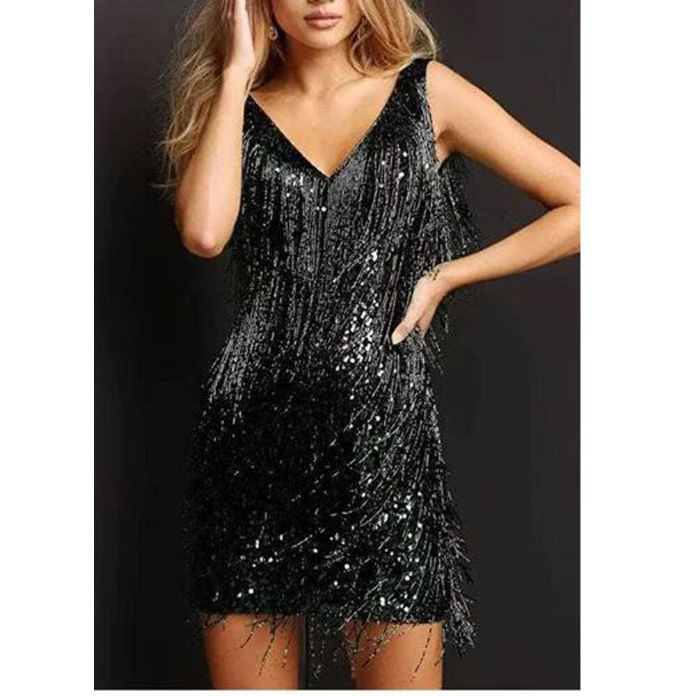 Sequin Deep V-Neck Fringe Hem Bodycon Mini Party Dress - View 7