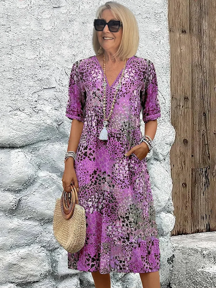 Animal Print V-Neck Short Sleeve Beach Midi Dress 5