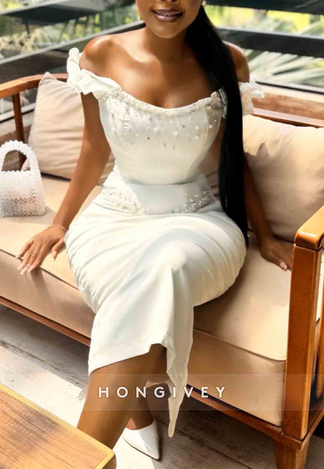 Sheath Tea-Length Off the Shoulder Beading Wedding Dresses