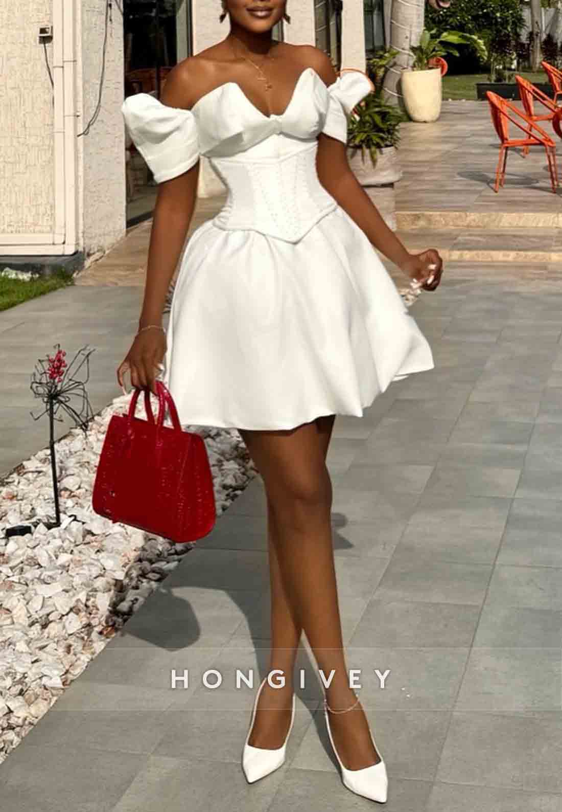 Ball Gown Off the Shoulder Pleated Short Wedding Dresses